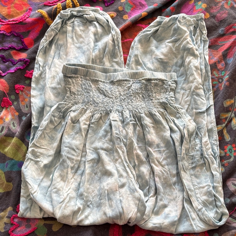 Light Blue Smocked Waist Wide Leg Pants
